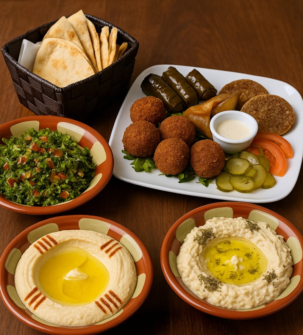Mezze à partager : houmous, taboulé, falafels